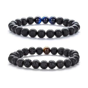 Hamoery Set of 2 Black Bracelets with Lava Stone, Tiger Eye & Agate